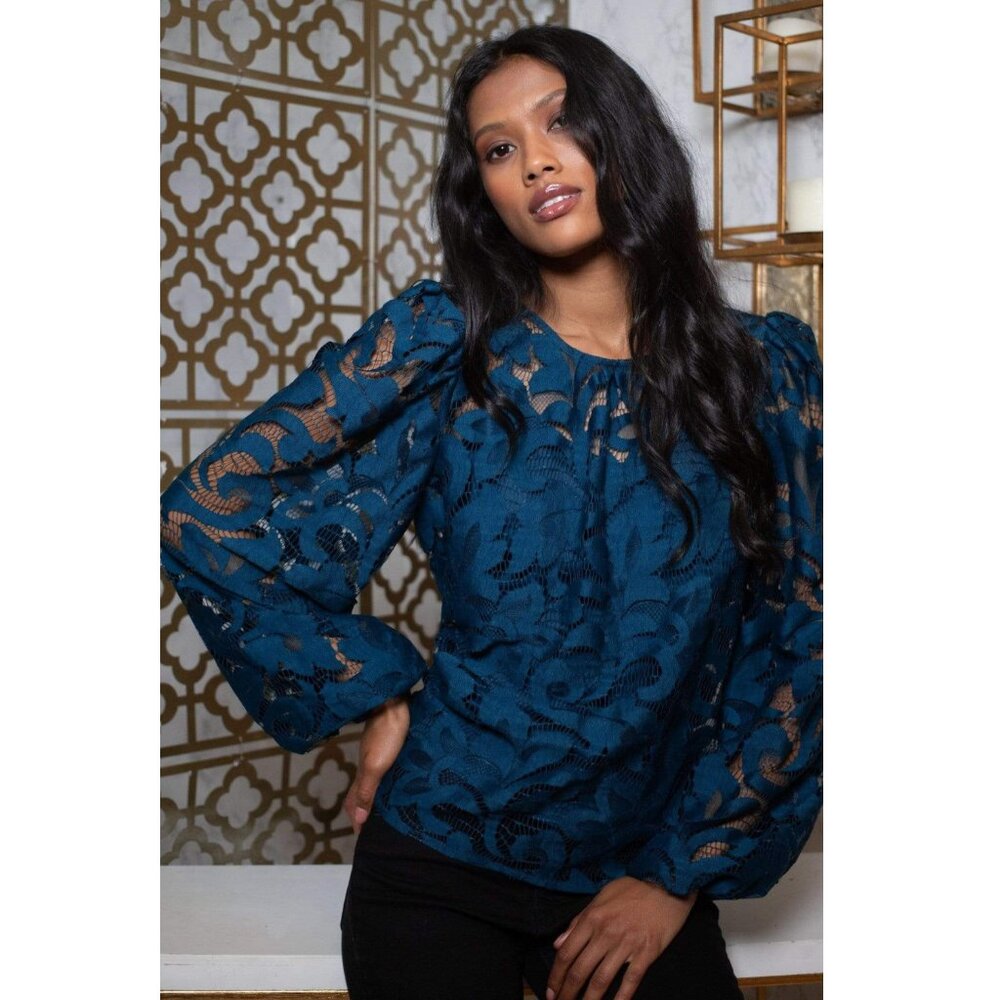 Eva Franco Anthropologie Blue Teal Lace Floral Sheer Blouse NWT